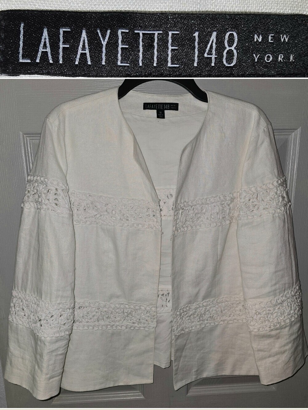 Lafayette 148 New York Crochet Panel White Open Front Linen Jacket Women's 14